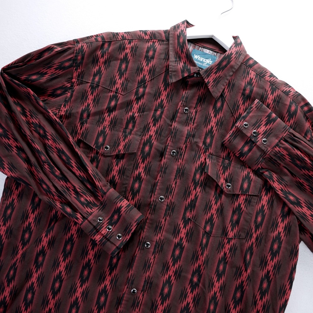 Wrangler Western Shirt Mens XL Red Black Aztec Geometric Long Sleeve Button Up